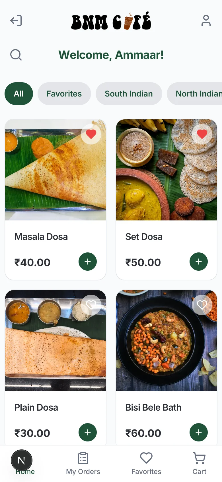 BNM Cafe mobile ordering app: menu screen built by ZEL