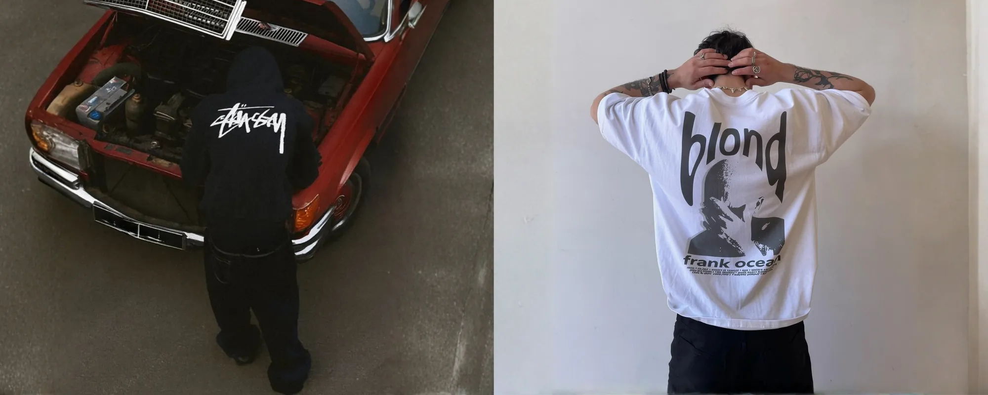 Fogstores streetwear campaign with a black hoodie beside a red car and a white graphic tee